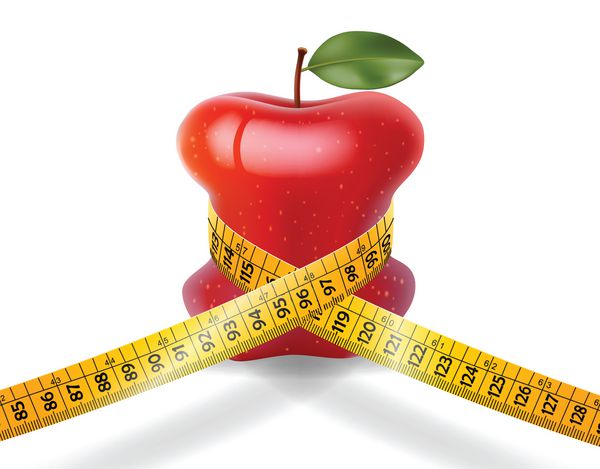 رژیم غذایی مفهوم سیب قرمز با اندازه گیری نوار در پس زمینه سفید