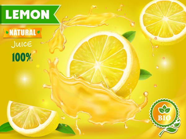 تبلیغات آب لیمو مرکبات با میوه تازه واقعی بسته بندی طراحی وکتور تبلیغات