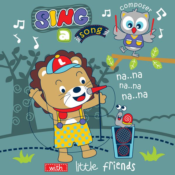 شیر یک آهنگ با دوستان خود در کارتون حیوانات خنده دار حیوانات تصویر برداری آواز بخوانید
