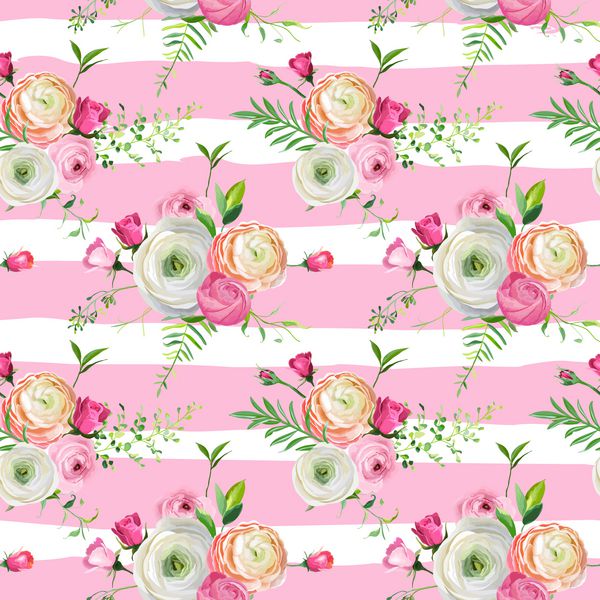 الگوی یکپارچه گل با گل های رز صورتی و گل های رونکولوس زمینه گیاه شناسی پارچه پارچه کاغذ بسته بندی و دکور پارچه تصویر برداری