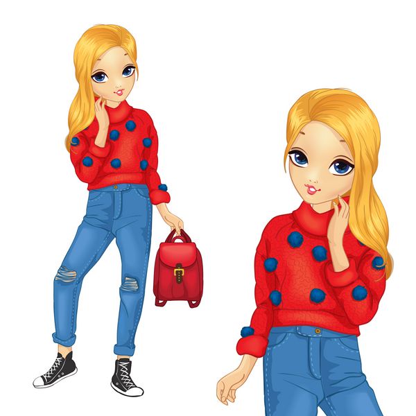 دختر در ژاکت قرمز با Pompoms آبی