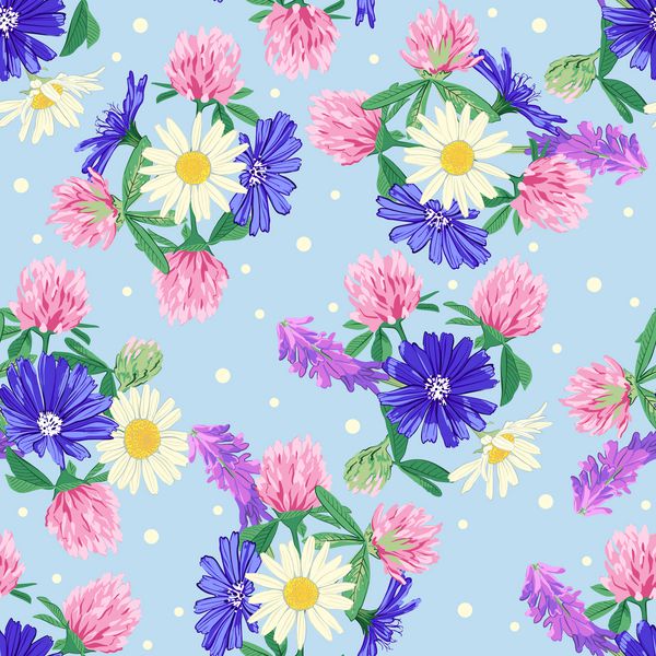 الگوی بدون درز گل با گل های وحشی جدا شده در پس زمینه آبی گلهای عاشقانه زیبا مفهوم تابستان عنصر طراحی پارچه پارچه دفترچه ثبت کاغذ دیواری و غیره