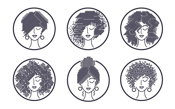 آیکون های موهای سیاه و سفید زنانه amp x27؛ مجموعه صورت دختران انتزاعی تصویر برداری برای طراحی شامپو بسته بندی لوازم آرایشی مو علائم آرایشگری آگهی ها تبلیغات