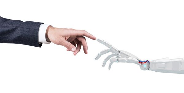دست انسان با دست اندرویدی دست می زند رندر سه بعدی