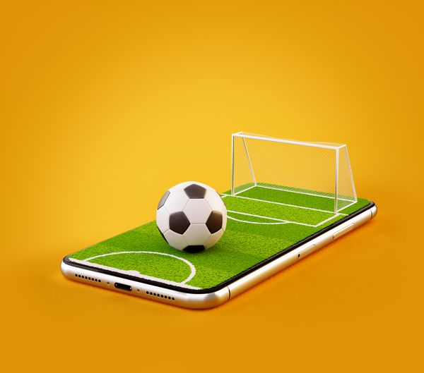 تصویر غیر معمول 3D از یک زمین فوتبال و توپ فوتبال در صفحه گوشی های هوشمند مفهوم آنلاین تماشای فوتبال و شرط بندی