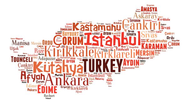 نقشه ترکیه کلمات ابر از شهرهای بزرگ با پس زمینه سفید است