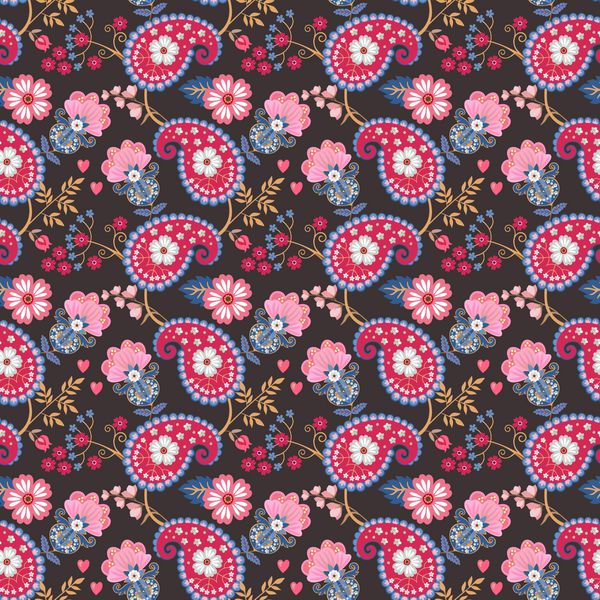 الگوی بدون درز پیزلی با برگها و گلهای تلطیف شده روی زمینه سیاه در وکتور انگیزه های هندی روسی کاغذ کاغذ دیواری بسته بندی هدیه چاپ برای پارچه