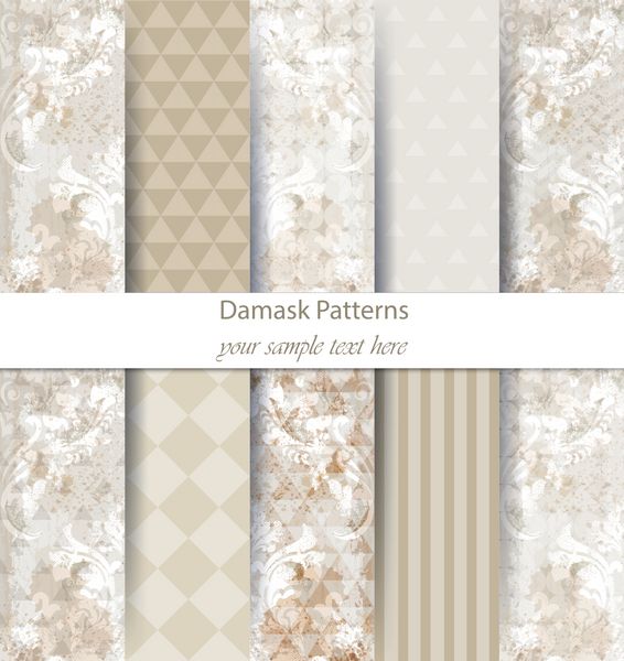 وکتور مجموعه مجموعه الگوهای Damask تزئینات باروک در پس زمینه انتزاعی مدرن دکور پرنعمت بافت پارچه ای مرسوم مد روز