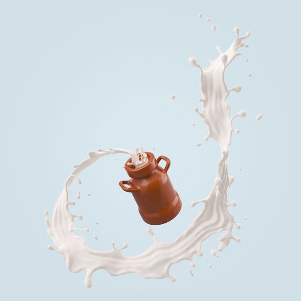شکلات شکل مخزن شیر با پاشیدن شیر است مفهوم اختلاط تصویر سه بعدی