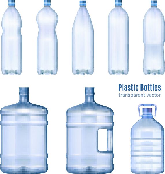 بطری های پلاستیکی مجموعه ای واقع بینانه از ظروف بزرگ برای کولر و تار کوچک برای فروش خرده فروشی تصویر برداری جدا شده