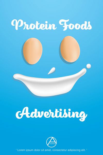 الگوی تبلیغات مواد غذایی پروتئین طراحی تخم مرغ و شیر پاشیده برای شکل دادن به چهره برای ایده آل سالم در وکتور پس زمینه آبی و تصویر