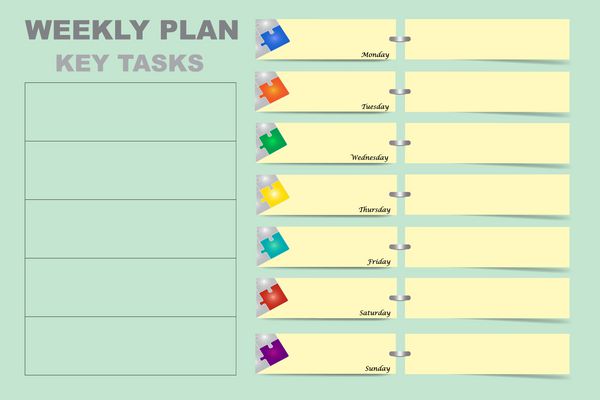برنامه هفتگی با نمودار برای کارهای اصلی هفته و کارتهای زرد با طراحی پازل برای هر روز از هفته در قسمت سمت راست وکتور آماده متن شما