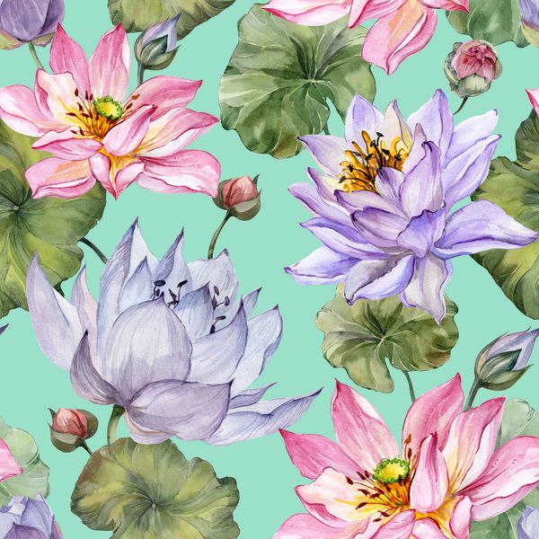 الگوی بدون درز گل زیبا گلهای بزرگ نیلوفر آبی صورتی و بنفش با برگهایی با زمینه فیروزه ای تصویر کشیده شده دست نقاشی آبرنگ طراحی پارچه یا کاغذ دیواری