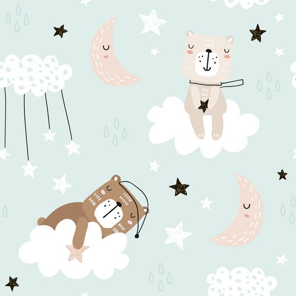 الگوی کودکانه یکپارچه با خرس های زیبا بر روی ابرها ماه ستاره ها بافت کودکان خلاق به سبک اسکاندیناوی برای پارچه بسته بندی پارچه کاغذ دیواری پوشاک تصویر برداری