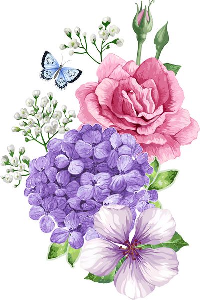 دسته گل گل رز گل درخت سیب کولی و پروانه به سبک آبرنگ جدا شده در زمینه سفید برای کارتهای تبریک چاپ همه عناصر قابل ویرایش هستند تصویر برداری هنر