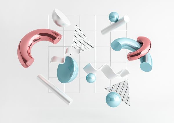 3D ارائه ترکیب بدوی واقعی اشکال پرواز در حال حرکت که بر روی زمینه سفید جدا شده اند موضوع چکیده برای طرح های مرسوم مد روز کره ها توروس لوله ها مخروط ها به رنگ های فلزی آبی و صورتی