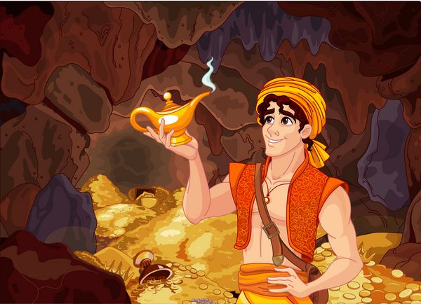 علاءالدین چراغ جادویی خود را در یک غار خزانه جادویی نگه می دارد
