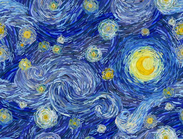 ماه درخشان و پس زمینه انتزاعی آسمان پرستاره الگوی وکتور بدون درز به سبک نقاشی های امپرسیونیست