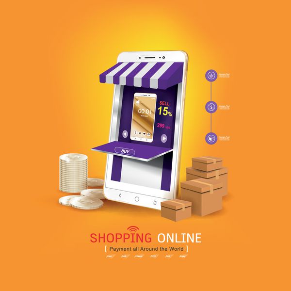خرید آنلاین از طریق وب سایت یا وکتور مفهوم بازاریابی برنامه کاربردی موبایل و بازاریابی دیجیتال