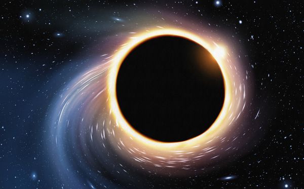نقاشی دیجیتالی فضا که توسط یک سیاه چاله غول پیکر تحریف شده است