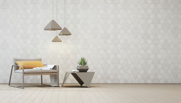 گیاه داخل سالن روی میز و صندلی قهوه ای استیل با پس زمینه دیواری الگوی مثلثی خالی محوطه آرامش بخش در اتاق نشیمن خانه جدید خانه 3D تصویر داخلی