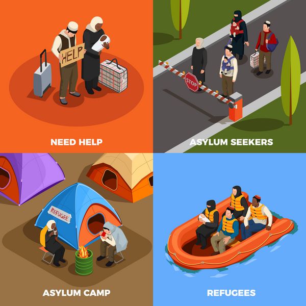 نمادهای پناهندگی بدون پناهجویان بدون طراحی مفهوم طراحی ایزومتریک 2x2 با شخصیتهای انسانی افراد آواره و تصویر برداری متن