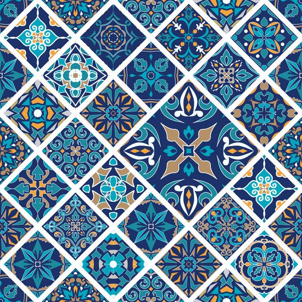 وکتور بدون درز بافت تزئینات موزائیک موزاییک با کاشیهای رمبوس الگوی تزئینی azulejos پرتغالی طراحی مربع زینتی به سبک شرقی