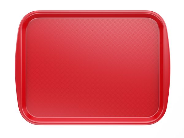 سینی پلاستیکی خالی پلاستیکی قرمز با دستگیره های جدا شده روی سفید رندر سه بعدی