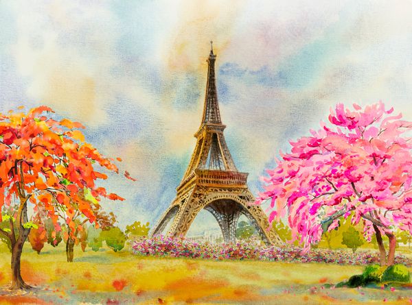 شهر مشهور مشهور جهان در پاریس برج ایفل و گلهای صورتی رنگ قرمز شکوفه های گیلاس در باغ با فصل بهار هنر مدرن نقاشی آبرنگ نقاشی فضای کپی