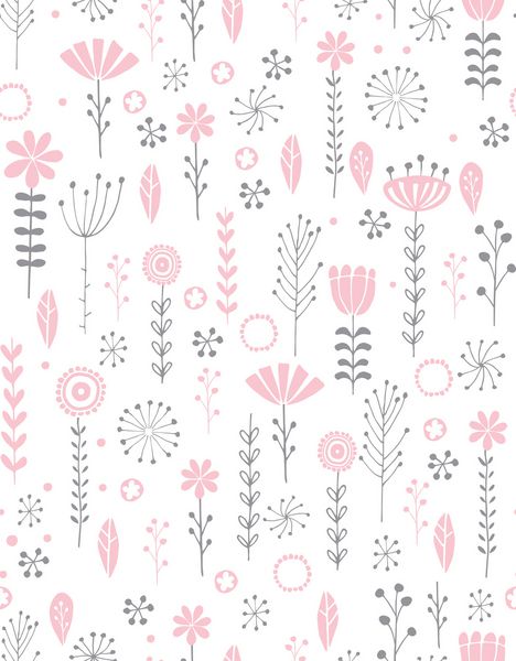الگوی وکتور بدون درز گل دوست داشتنی باغ چکیده به سبک شیرین کودکانه تصویر برداری گل برای پارچه کارت کاغذ بسته بندی گل های صورتی شاخه های خاکستری جدا شده در یک زمینه سفید