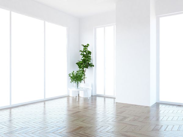 ایده داخلی اتاق اسکاندیناوی خالی سفید با گلدان هایی در کف چوبی و دیوار بزرگ و چشم انداز سفید در ویندوز داخلی داخلی شمال شرقی تصویر سه بعدی