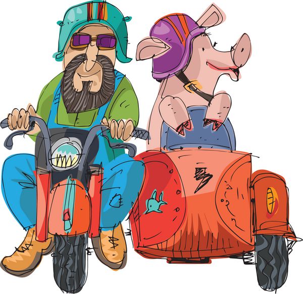 موتورسیکلت سواری کشاورز و گله با قدم زدن صحنه خنده دار کاریکاتور