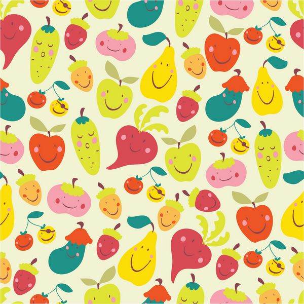 میوه و سبزیجات خنده دار الگوی یکپارچه را می توان برای تصویر زمینه الگوی پر کردن پس زمینه صفحه وب بافت های سطح استفاده کرد