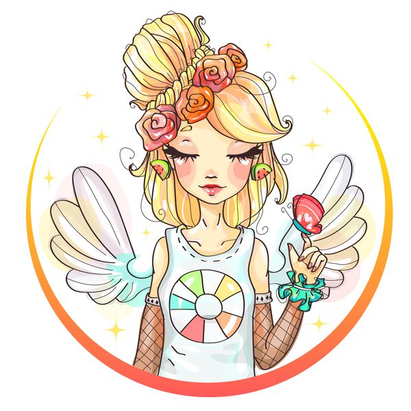 دختر فرشته ناز با چشم بسته یک پروانه را روی انگشت خود نگه می دارد پرتره دخترانه شخصیت کارتونی هنر تصویر سازی وکتور زن جوان مد