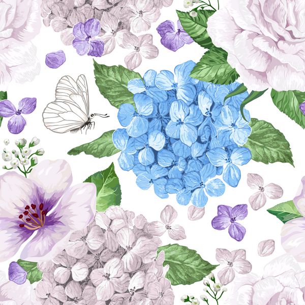 گلها گلبرگها و برگهای آبی به سبک آبرنگ در زمینه سفید الگوی بدون درز برای منسوجات کاغذ بسته بندی بسته بندی تصویر برداری هنر