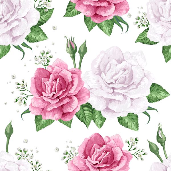 گل های گل رز گلبرگ و برگ ها به سبک آبرنگ در زمینه سفید الگوی بدون درز برای منسوجات کاغذ بسته بندی بسته بندی تصویر برداری هنر