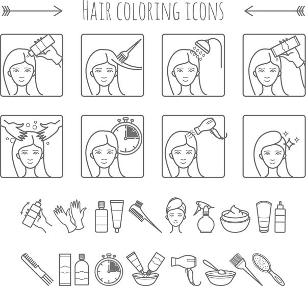 فرایند رنگ آمیزی و یک ظاهر طراحی مو 8 مرحله برای تغییر رنگ مو در سالن یا خانه نمادهای برداری برای طراحی شما
