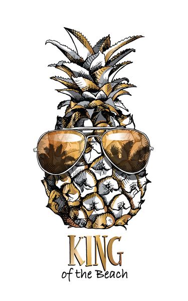 تصویر برداری طلا و نقره میوه آناناس در عینک آفتابی پادشاه ساحل نقل قول نامه پوستر چاپ تی شرت دستی سبک