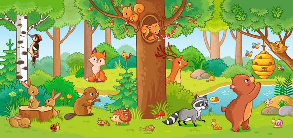 تصویر برداری با حیوانات ناز جنگلی در سبک کودکان amp x27؛ مجموعه ای از پستانداران در جنگل مجموعه در کودکان amp x27؛ s