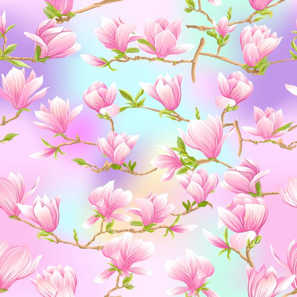 الگوی بدون درز با گلهای ماگنولیای صورتی تصویر برداری جدا شده بر روی زمینه سفید