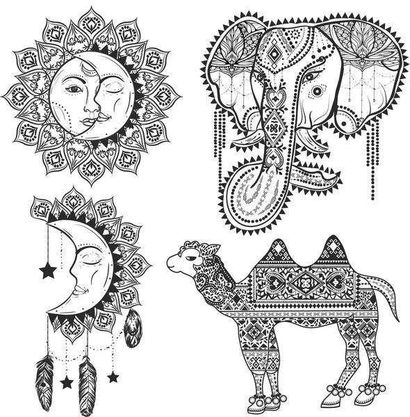 مجموعه عناصر طراحی boho برای کتاب رنگ آمیزی خورشید گرفتگی هلال فیل و شتر
