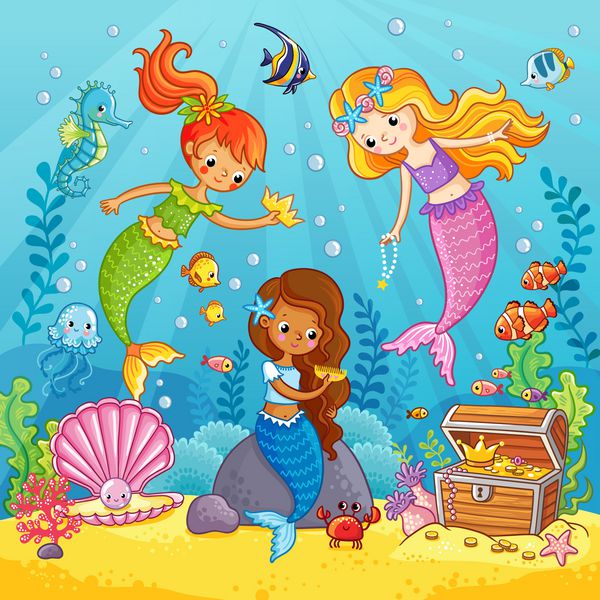 پری دریایی زیر آب بازی می کنند تصویر برداری با موضوع دریا به سبک کارتون تصویر با ماهی در زیر آب