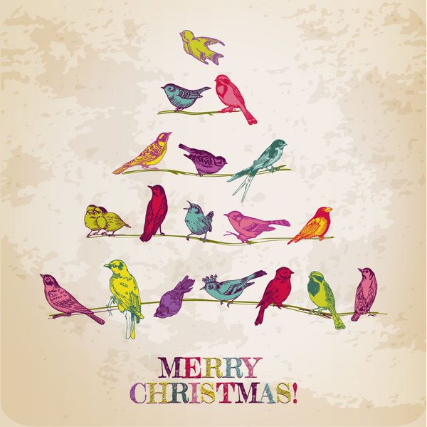 کارت یکپارچهسازی با سیستمعامل پرندگان روی درخت کریسمس دعوت تبریک در وکتور