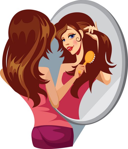 دختر موهای خود را قبل از آینه شانه می کند