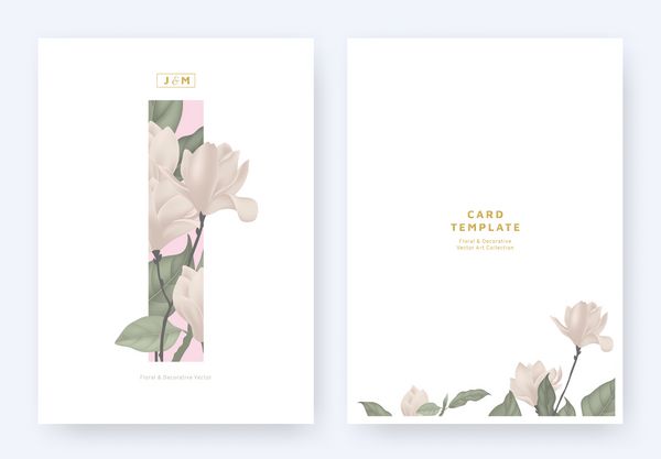طراحی قالب کارت دعوت گل مینیمالیستی ماگنولیای صورتی و برگهای مستطیل صورتی روی زمینه سفید تم پاستیل