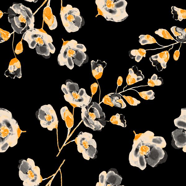 پس زمینه بدون درز با گل و برگ الگوی گل برای کاغذ دیواری کاغذ و پارچه طراحی دست آبرنگ گل رز پرنعمت بر روی زمینه سیاه