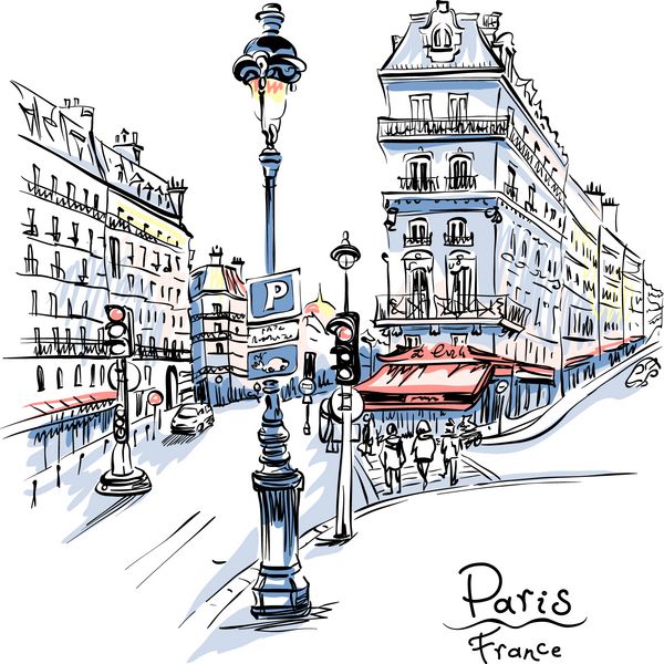 طراحی وکتور دست خیابان پاریس با خانه ها و فانوس های سنتی پاریس فرانسه