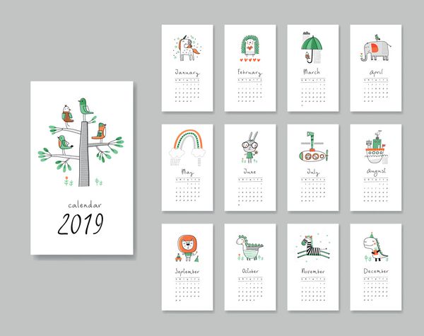 تقویم 2019 الگوهای با حیوانات دست کشیده زیبا تصویر برداری رنگهای سبز و نارنجی