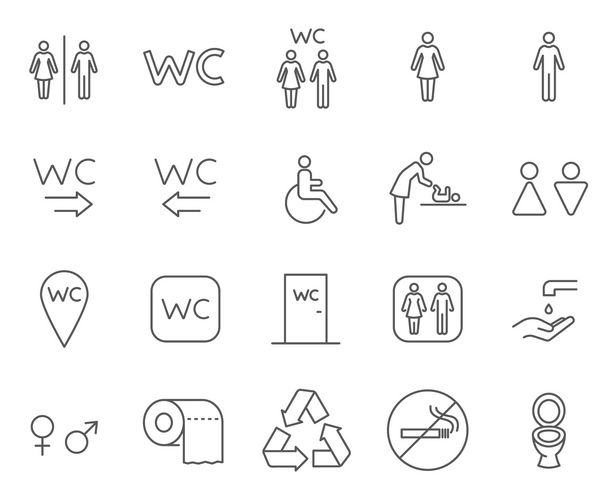مجموعه آیکن های وکتور خط WC مرتبط دارای نمادهایی مانند جدول تغییر سرویس بهداشتی ناوبری عمومی و موارد دیگر است