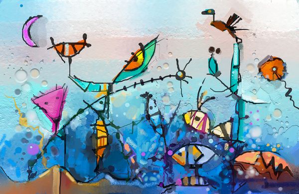 نقاشی رنگارنگ روغن فانتزی رنگارنگ نیمه چکیده بچه ها درخت ماهی و پرنده بهار پس زمینه طبیعت فصل تابستان نقاشی با دست کودکان نقاشی شده به سبک سورئال برای پس زمینه
